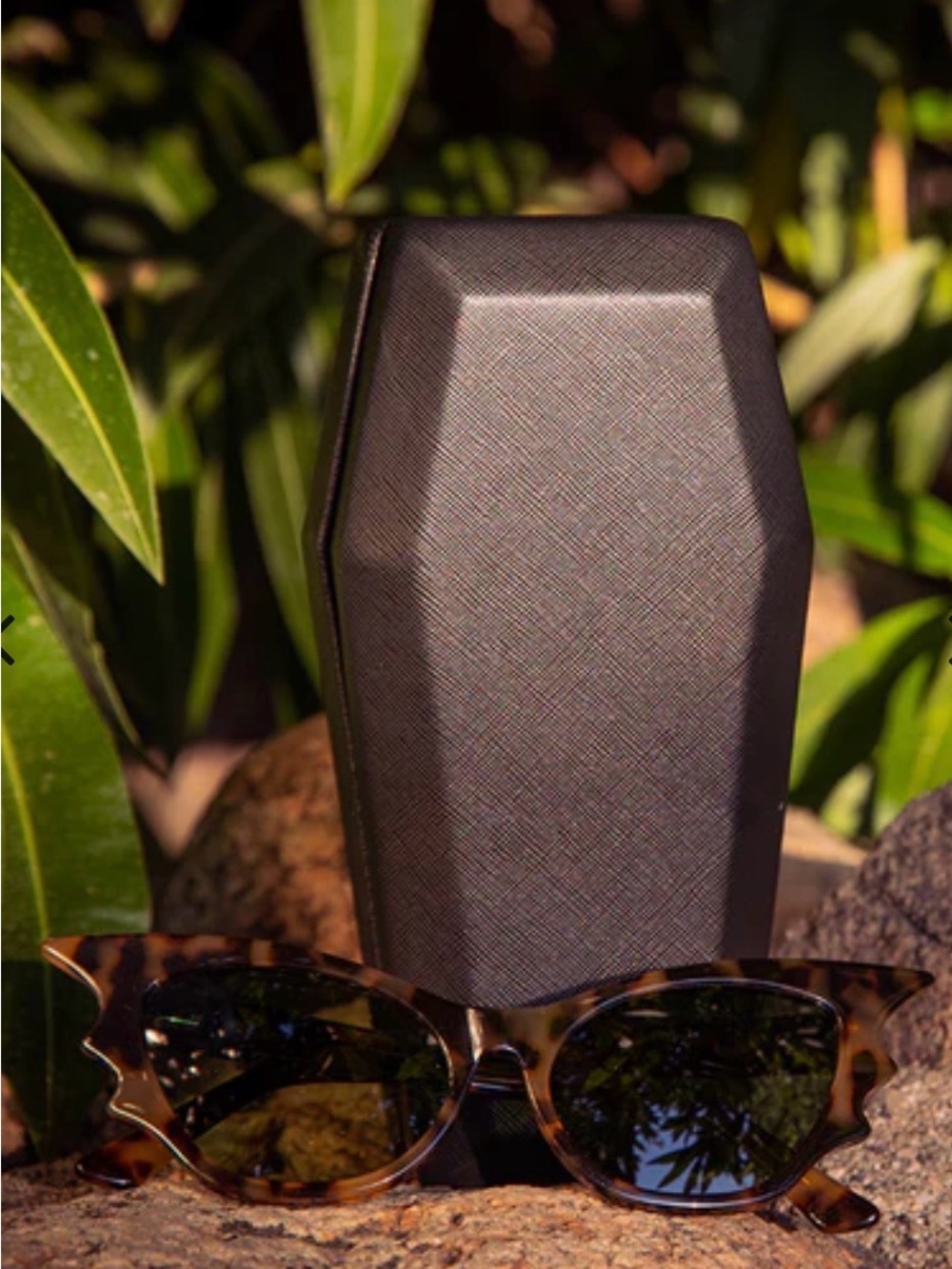 La Femme En Noir Tortoiseshell Batwing Sunglasses with Black Coffin Case